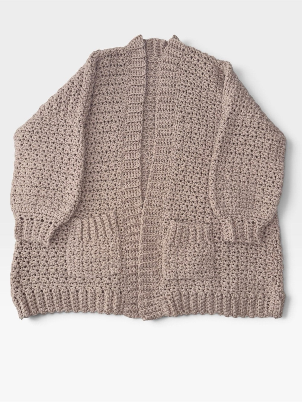 Crochet Kima Cardi Toni Lipsey Design XL Taupe Bulky Wool Blend Cardigan